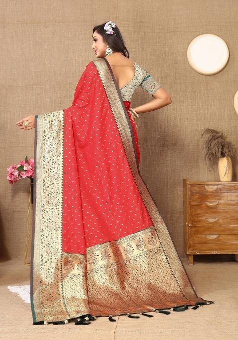 Red Embroidered Silk Saree Set