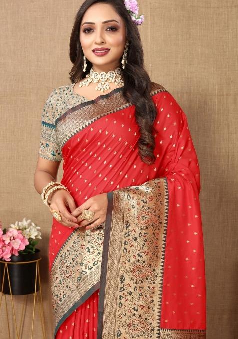 Red Embroidered Silk Saree Set