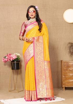 Yellow Embroidered Silk Saree Set