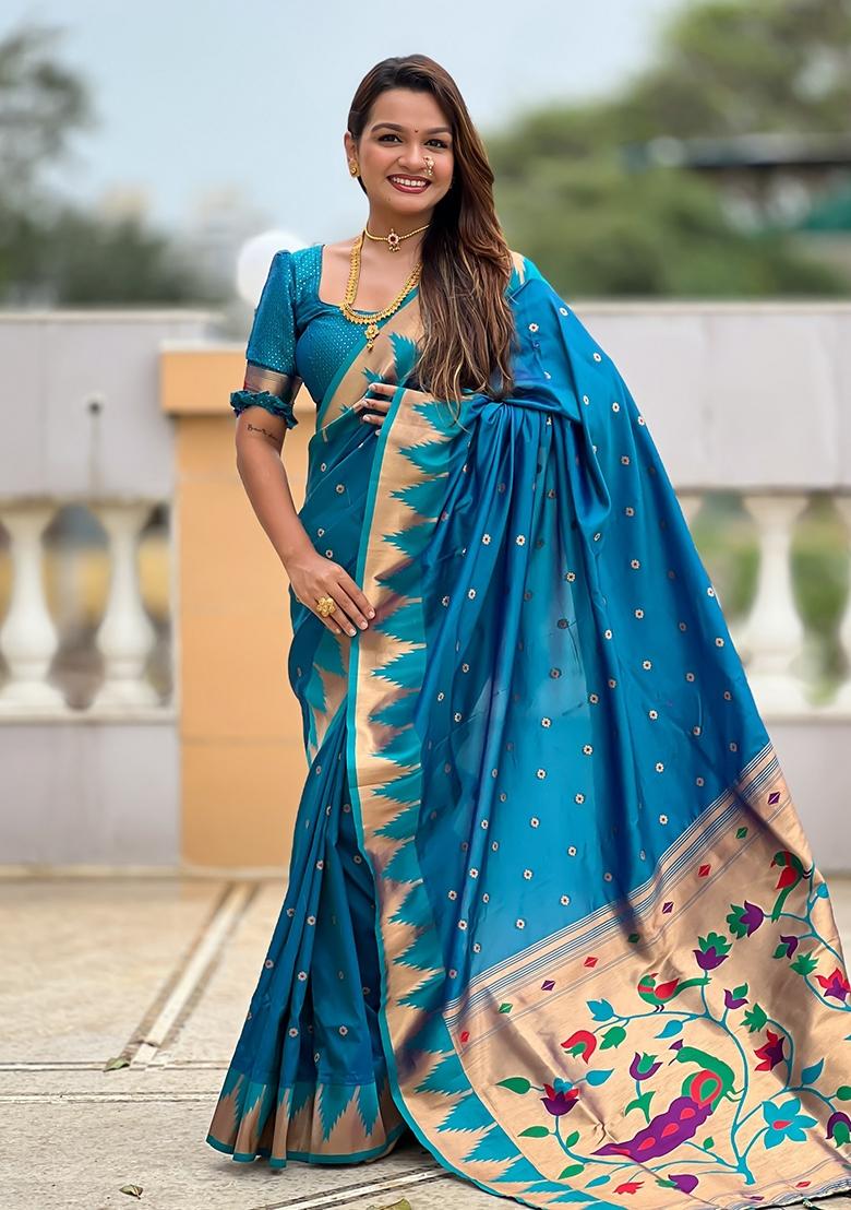 Blue Embroidered Silk Saree Set - Indya