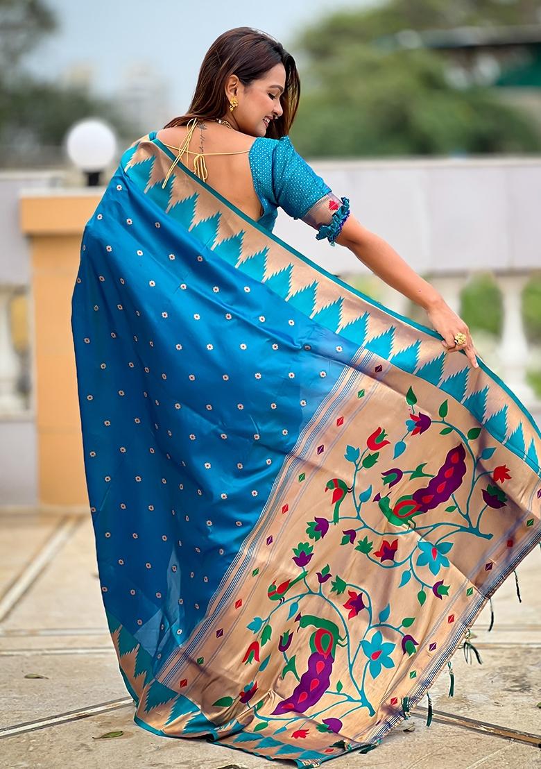 Blue Embroidered Silk Saree Set - Indya