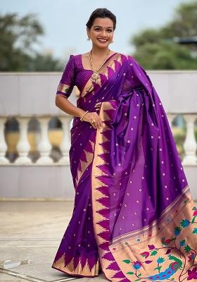 Purple Embroidered Silk Saree Set