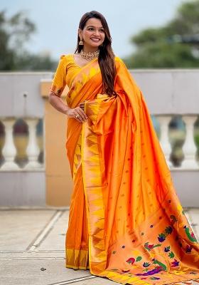 Orange Embroidered Silk Saree Set