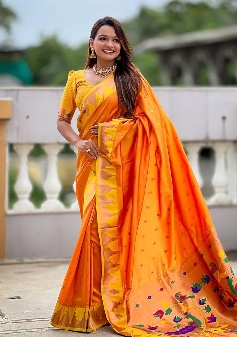 Orange Silk Saree Set with Embroidered for Diwali | Wedding & Festive Wear - Indya