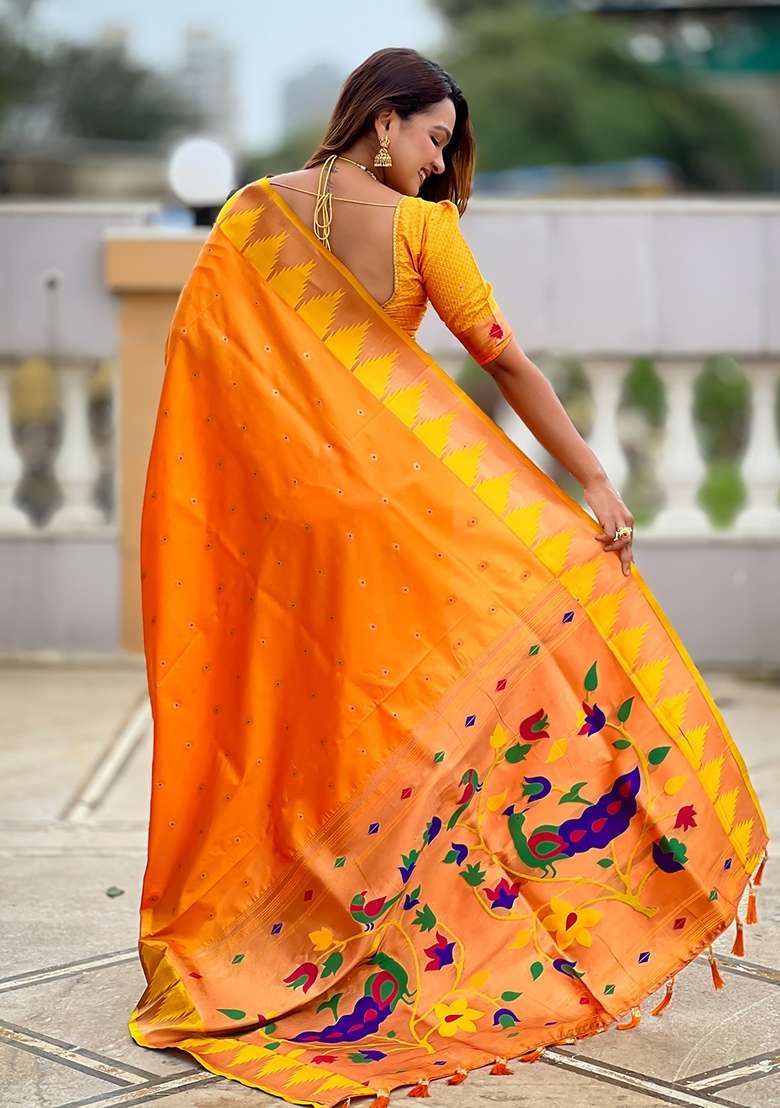 Orange Silk Saree Set with Embroidered for Diwali | Wedding & Festive Wear - Indya