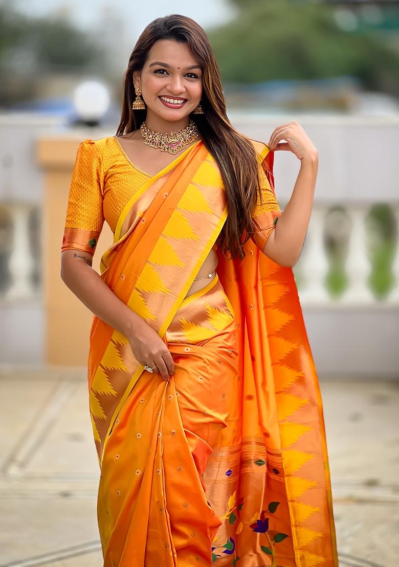 Orange Embroidered Silk Saree Set - Indya