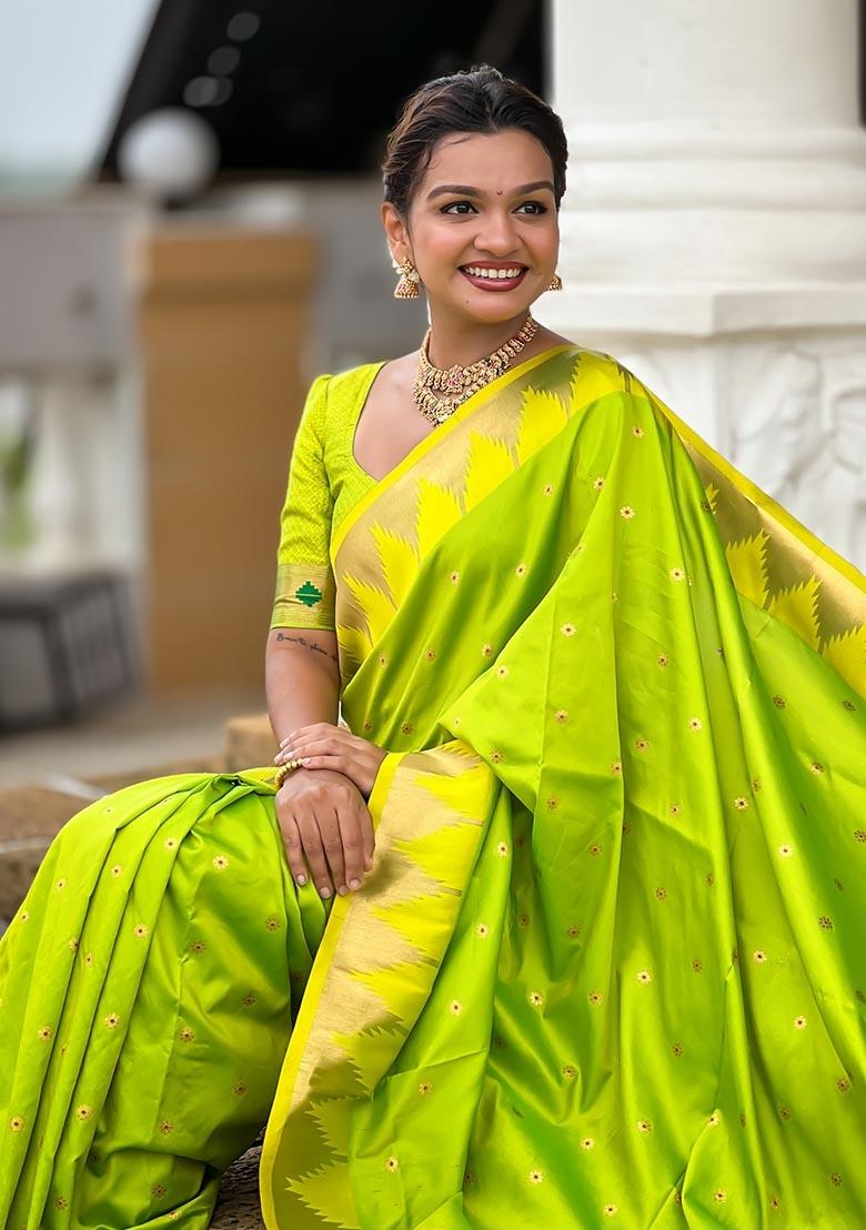 Green Embroidered Silk Saree Set - Indya