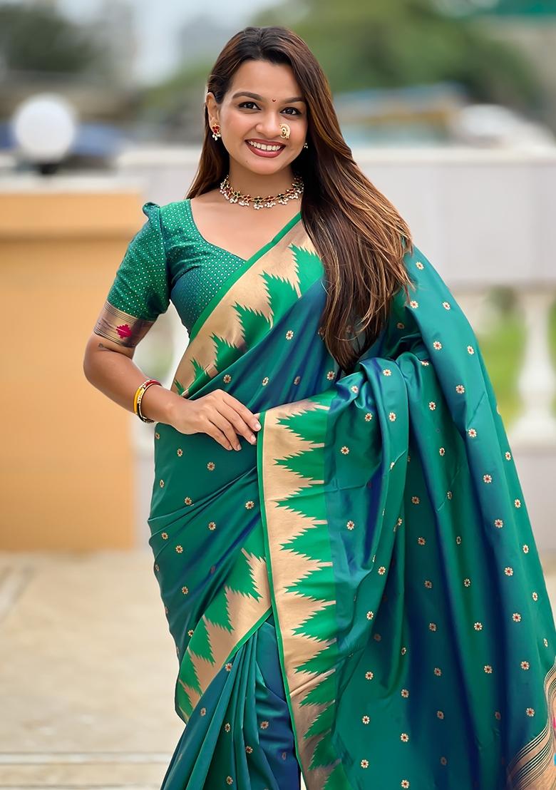 Green Embroidered Silk Saree Set - Indya