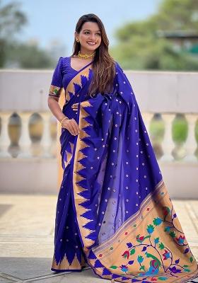 Blue Embroidered Silk Saree Set