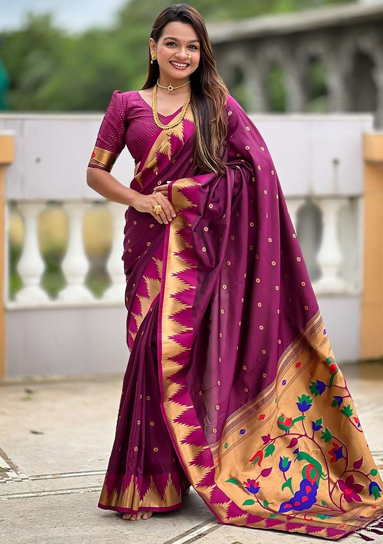 Wine Silk Saree Set with Embroidered for Diwali | Wedding & Festive Wear - Indya