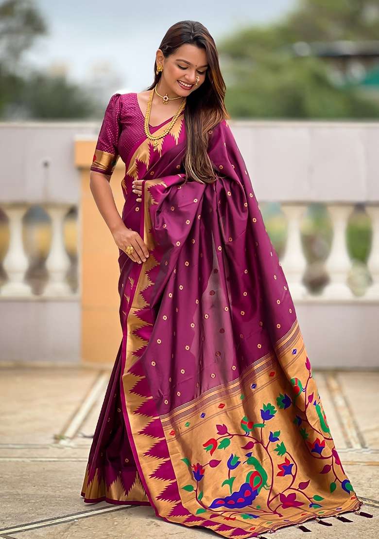 Wine Silk Saree Set with Embroidered for Diwali | Wedding & Festive Wear - Indya