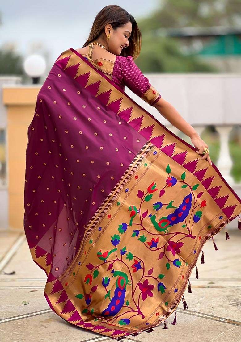 Wine Silk Saree Set with Embroidered for Diwali | Wedding & Festive Wear - Indya