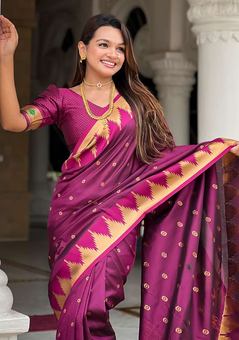Wine Silk Saree Set with Embroidered for Diwali | Wedding & Festive Wear - Indya