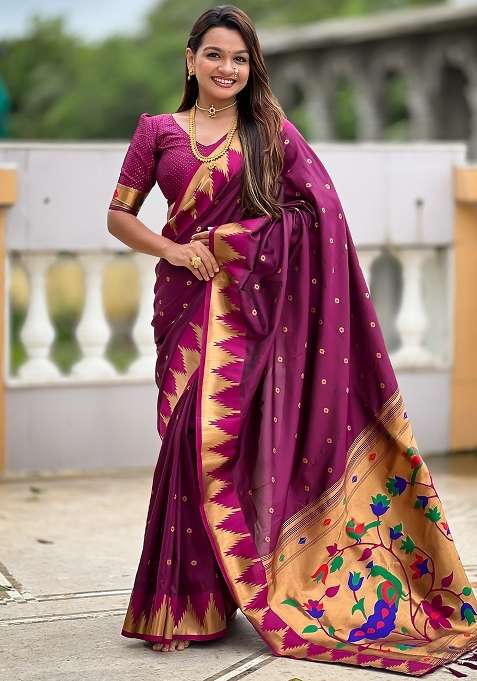 Wine Silk Saree Set with Embroidered for Diwali | Wedding & Festive Wear