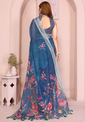 Blue Embroidered Cotton Saree Set