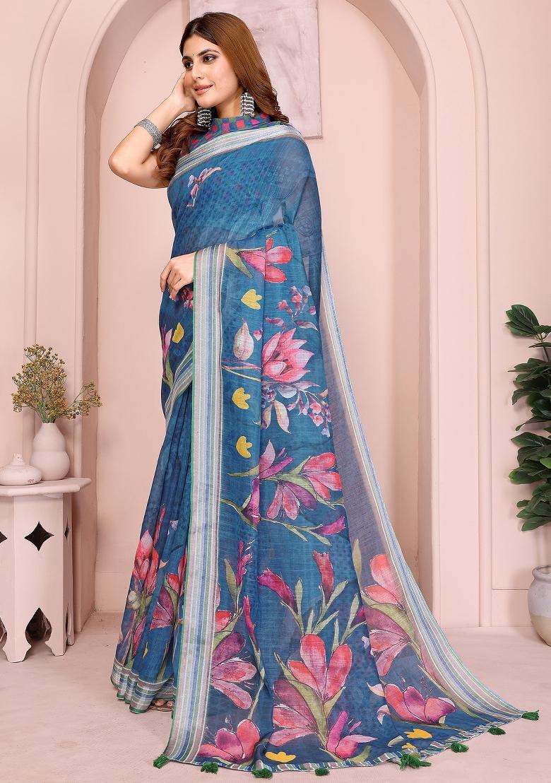 Blue Embroidered Cotton Saree Set - Indya