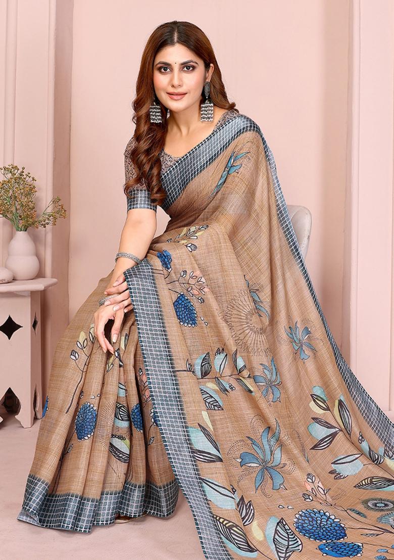 Brown Embroidered Cotton Saree Set - Indya
