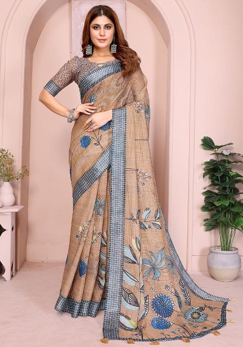 Brown Embroidered Cotton Saree Set