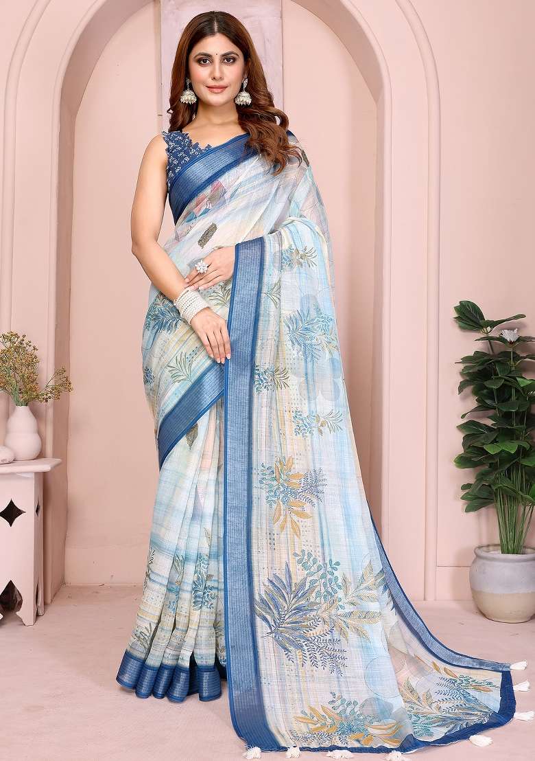 Beige Embroidered Cotton Saree Set - Indya