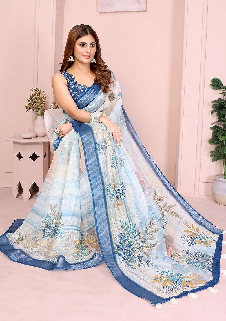 Beige Embroidered Cotton Saree Set - Indya