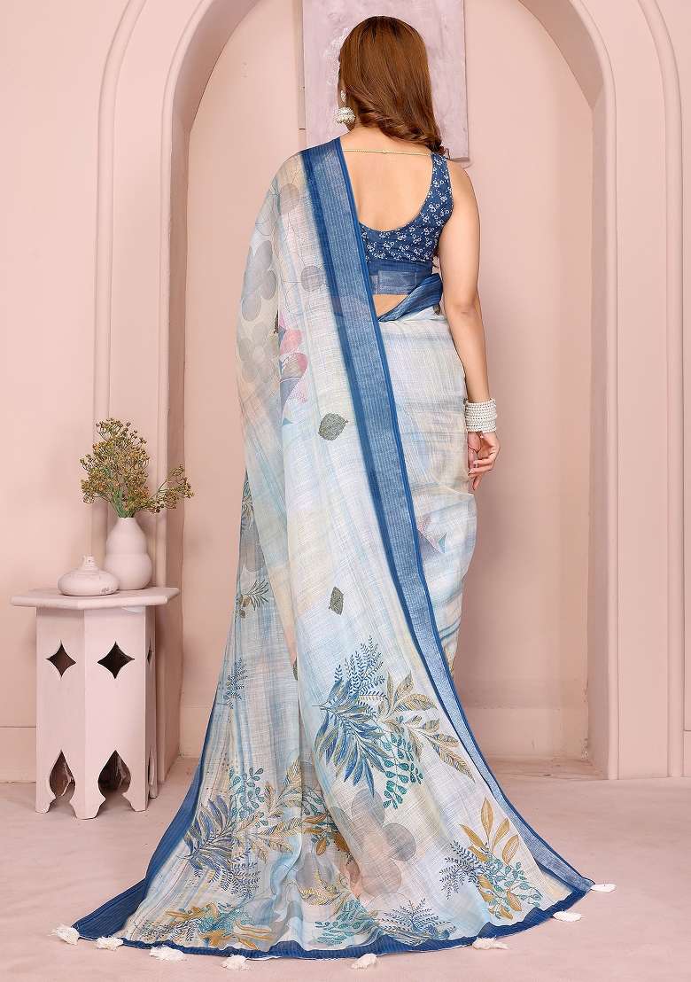 Beige Embroidered Cotton Saree Set - Indya