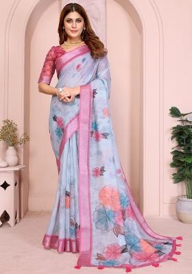 Blue Embroidered Cotton Saree Set