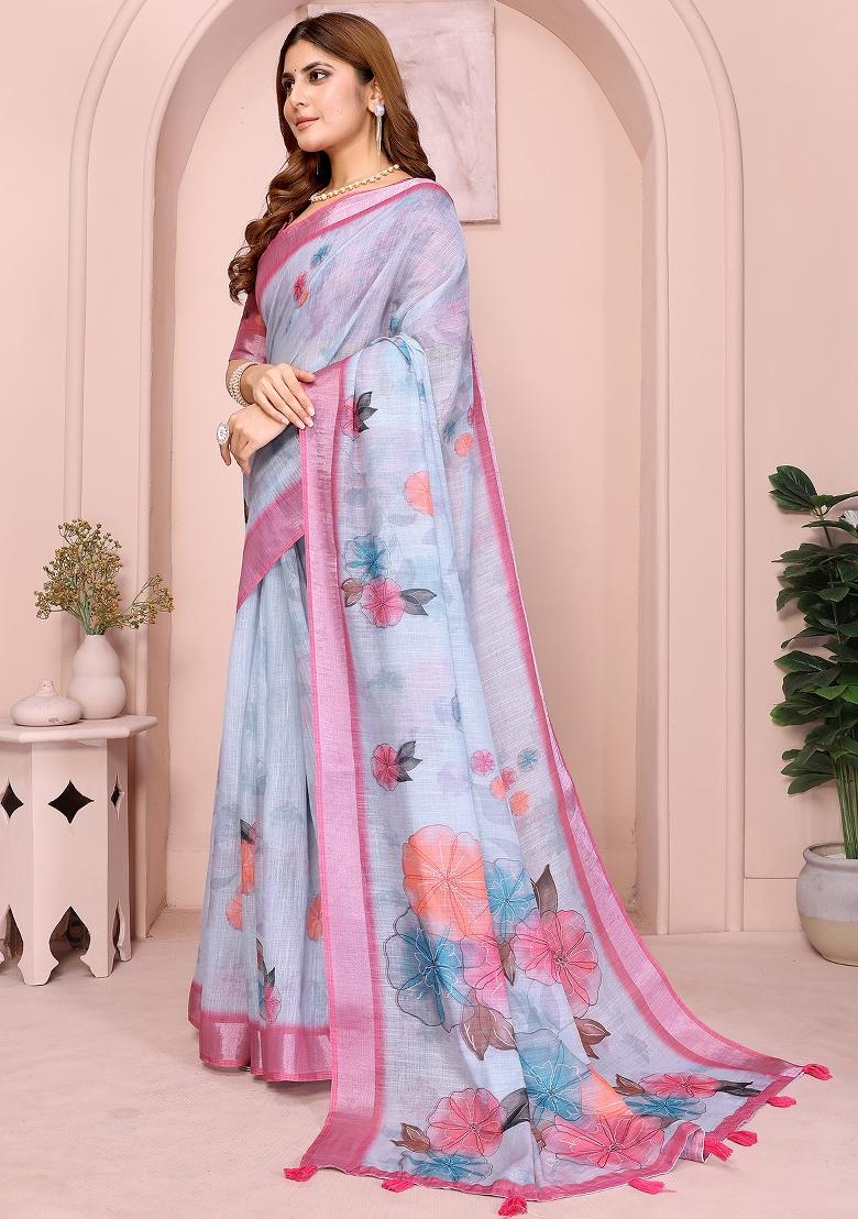 Blue Embroidered Cotton Saree Set - Indya