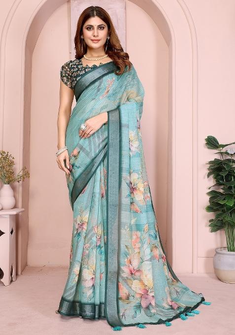 Green Embroidered Cotton Saree Set