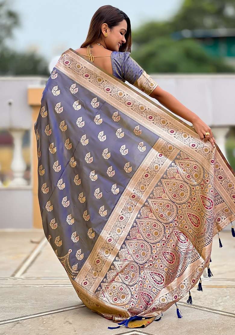 Purple Embroidered Silk Saree Set - Indya
