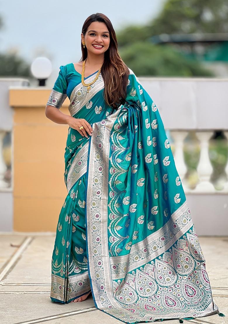 Green Embroidered Silk Saree Set