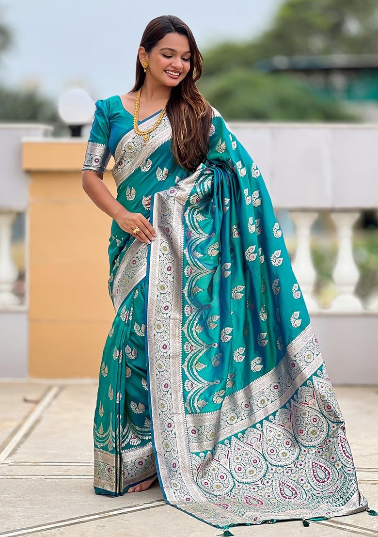 Green Embroidered Silk Saree Set