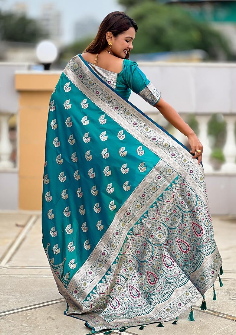 Green Embroidered Silk Saree Set