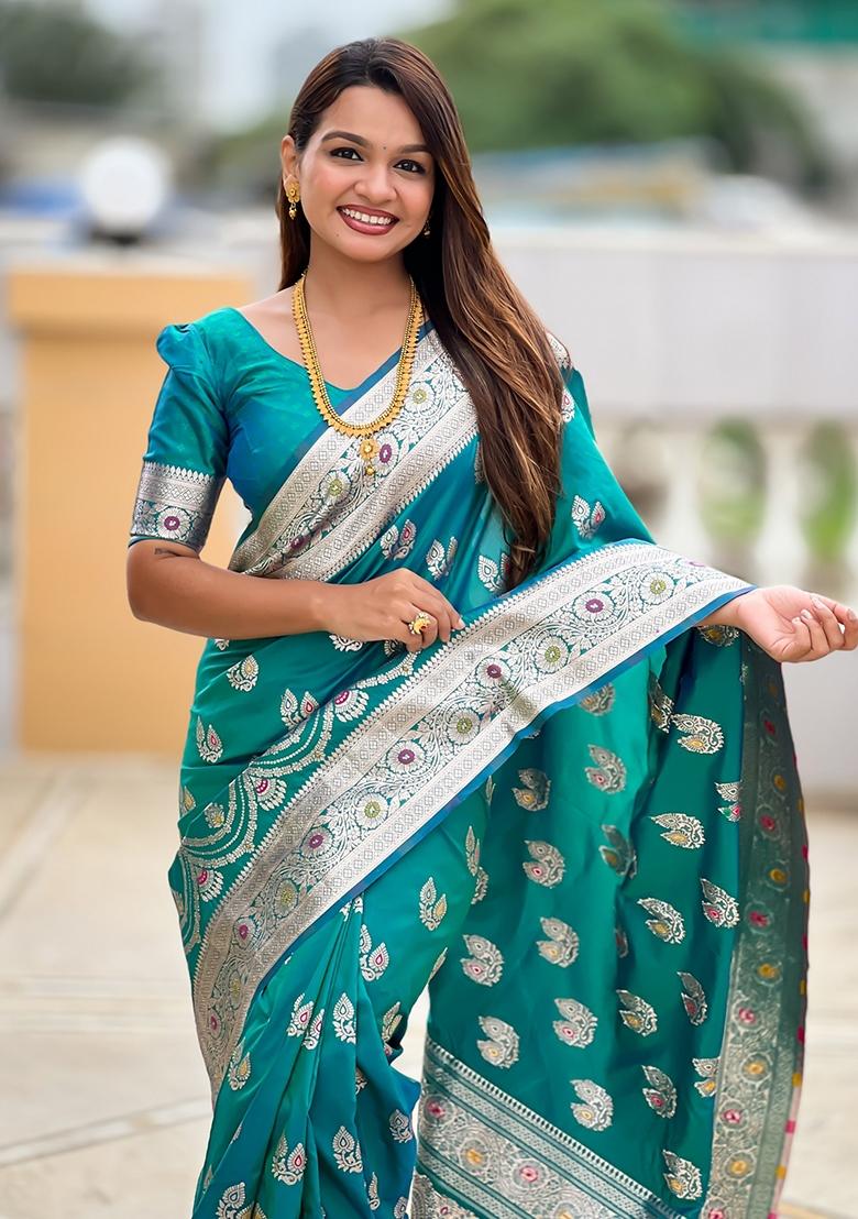 Green Embroidered Silk Saree Set