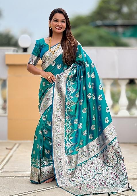 Green Embroidered Silk Saree Set