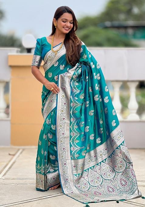 Green Embroidered Silk Saree Set