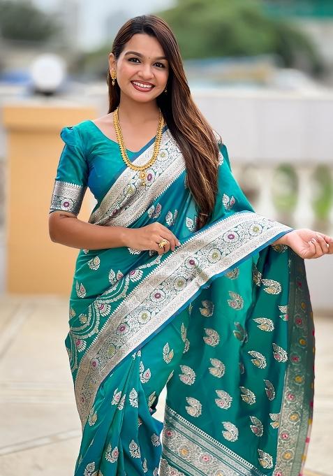 Green Embroidered Silk Saree Set