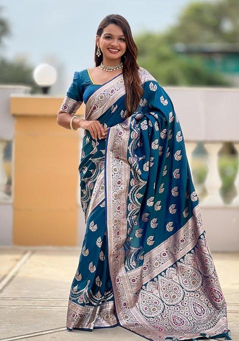 Blue Embroidered Silk Saree Set — view on Indya