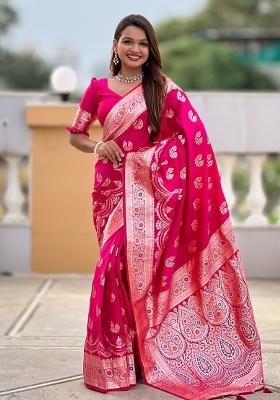 Pink Embroidered Silk Saree Set