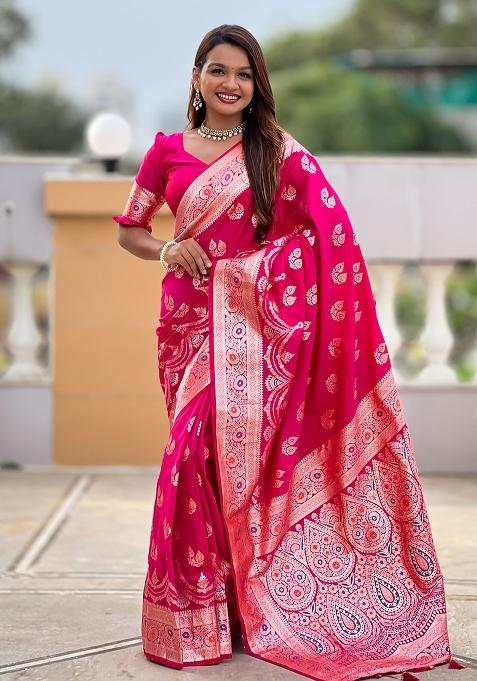 Pink Embroidered Silk Saree Set