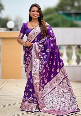 Purple Embroidered Silk Saree Set