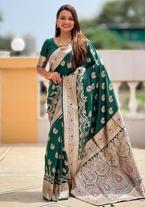 Green Embroidered Silk Saree Set