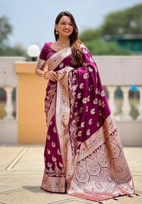 Purple Embroidered Silk Saree Set