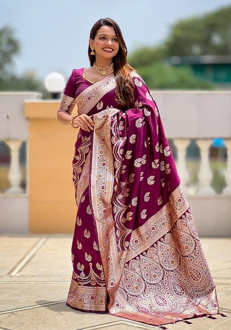 Purple Embroidered Silk Saree Set
