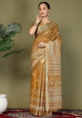 Yellow Embroidered Cotton Saree Set