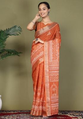 Orange Embroidered Cotton Saree Set
