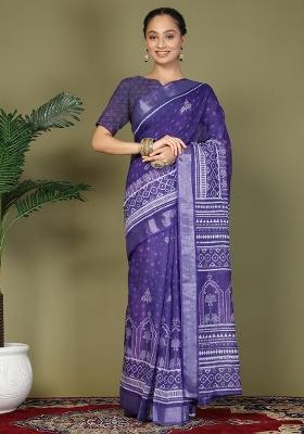 Purple Embroidered Cotton Saree Set