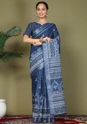 Blue Embroidered Cotton Saree Set