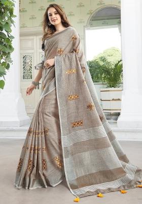 Beige Embroidered Cotton Saree Set