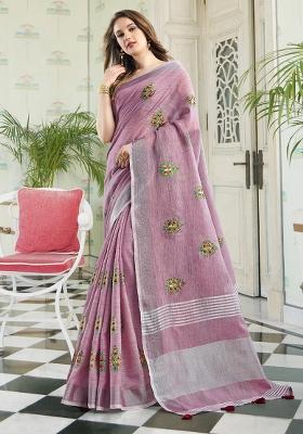 Purple Embroidered Cotton Saree Set
