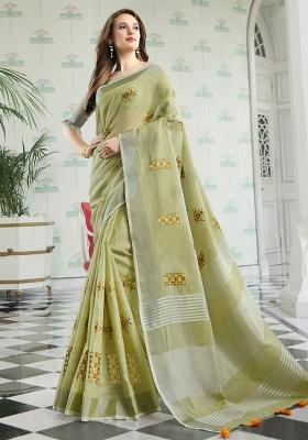 Green Embroidered Cotton Saree Set